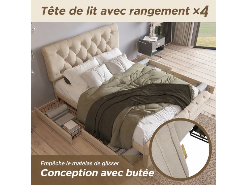  Lit capitonné avec tête de lit réglable, 4 tiroirs, matelas, naturel, 140 x 200 cm  - Conforama E