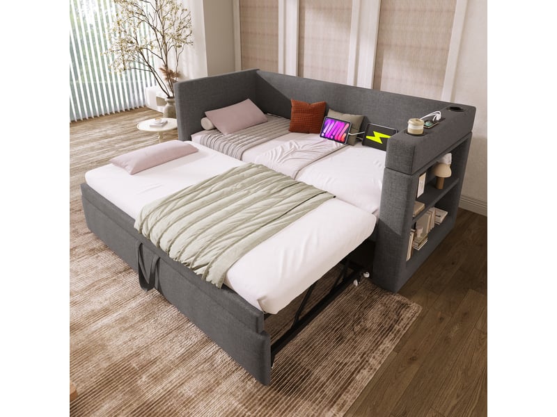 Lit gigogne enfant 90x190 cm, canapé-lit avec usb type-c, porte-gobelet, sommiers, coton lin gris, sans matelas - Conforama W