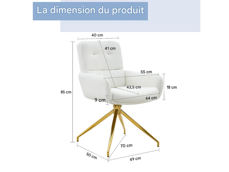 Lot de 2 chaises pivotantes à 360° en similicuir pu blanc et métal doré W3658P391035 - Conforama C