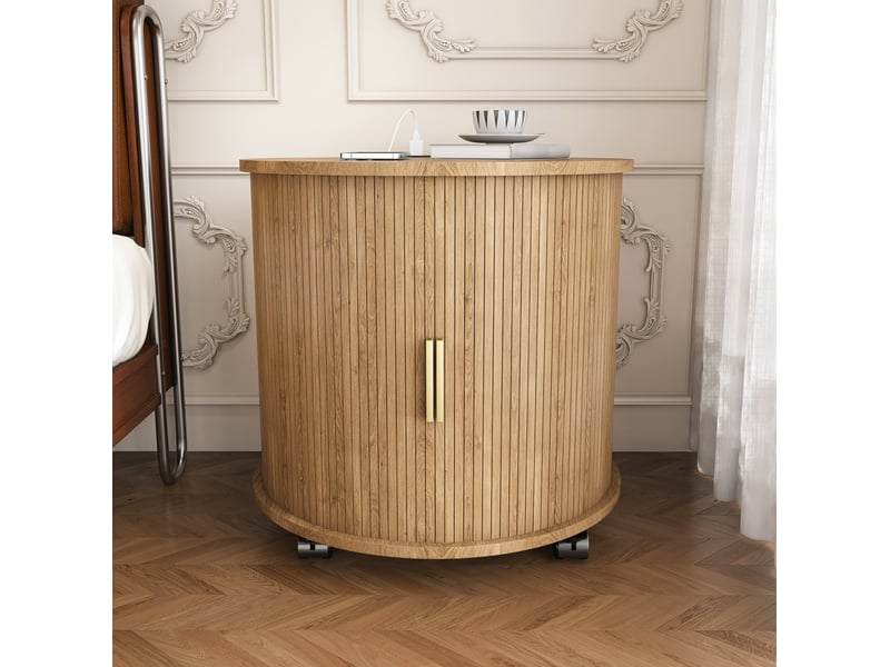 Table de chevet ronde avec porte coulissante, prise et 2 ports usb, rangement à 2 niveaux pour chambre, décor chêne - Conforama B