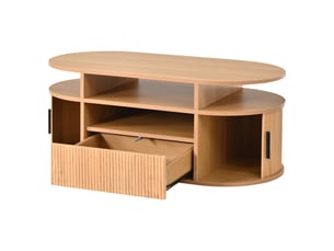 Table basse ovale 100x50x40 cm avec tiroir et portes, finition aspect bois clair naturel