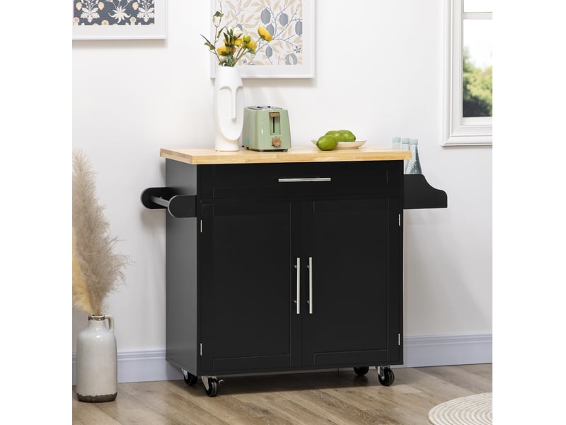  Desserte de cuisine 109 x 40 x 89 cm noire en bois, avec plan de travail, tiroir, placard et roulettes  - Conforama B