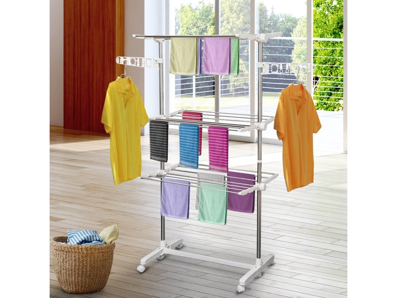 Séchoir à linge pliable avec ailettes latérales, pour une utilisation intérieure et extérieure, 142 x 55 x 152 cm, 3 niveaux, blanc - Conforama C