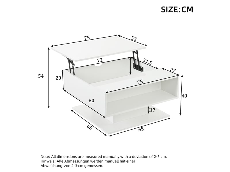  Table basse relevable 80x75x40cm, table de salon blanche avec rangement caché et led, finition brillante  - Conforama R