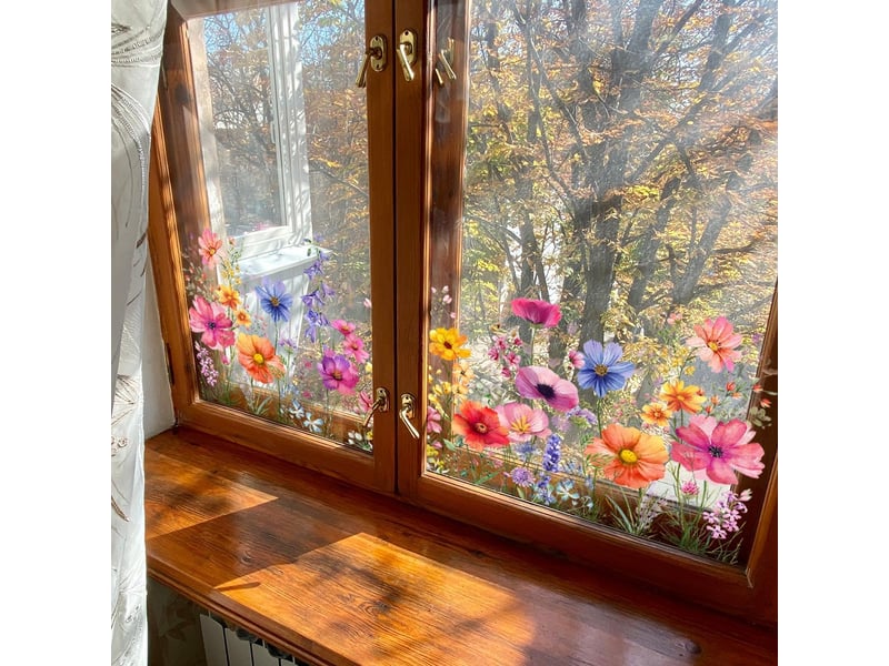  Décalcomanie de fenêtre 30x60cm, fleurs sauvages printempsété – adhérence statique double face, décor floral pour portes et fenêtres-style 2  - Conforama E
