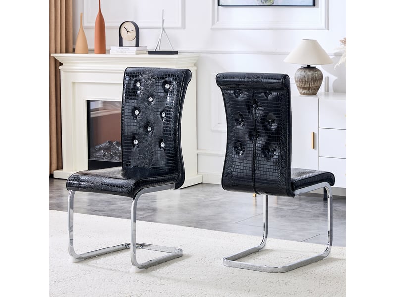  Lot de 2 chaises de salle à manger,effet crocodile avec pieds chromés,pvc,noir  - Conforama B
