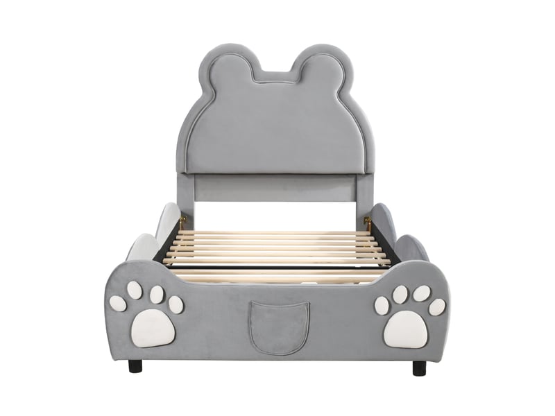  Lit enfant 90 × 200 cm 1 place avec dossier en forme d'ours, sans matelas, en tissu rembourré, gris  - Conforama E
