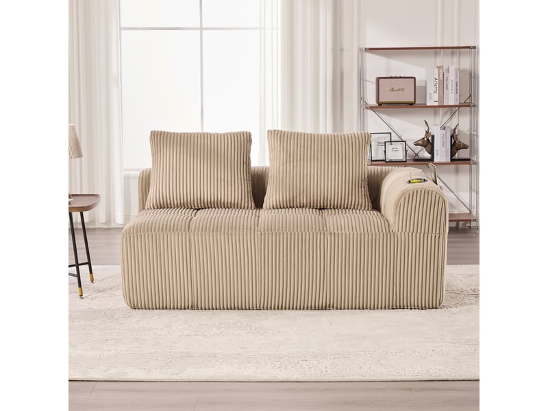 Canapé droit 2 places en velours côtelé kaki 158 x 93 x 61 cm, porte-gobelet et poches latérales, salon séjour 158x93x61cm - Conforama B