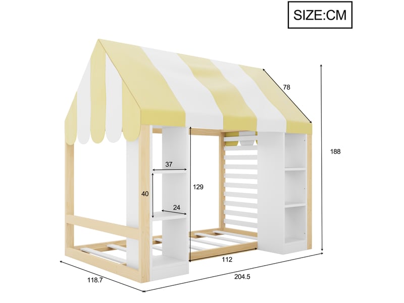 Lit enfant style campagne, 90x200 cm, solution de rangement ouvert, matelas non inclus, bois, coloris blanc et naturel  - Conforama C