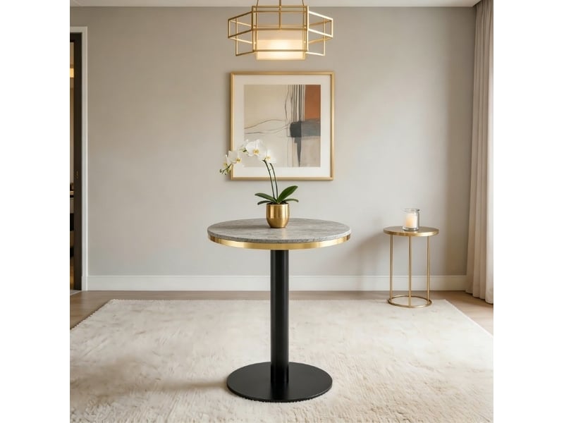  Table basse ronde effet marbre avec pied central en métal, pour salon ou chambre, 60 × 73,7 cm, gris  - Conforama B
