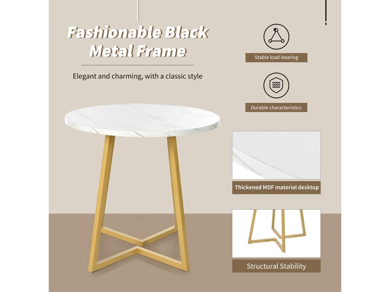 Table ronde ø 80 cm, table de cuisine, effet marbre, facile à nettoyer, pieds en métal, mdf, blanc et doré - Conforama E