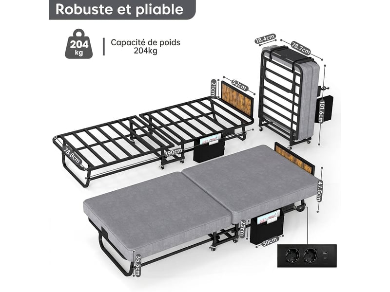  Lit pliant avec matelas 80x190 cm - mousse mémoire, port usb, roulettes, charge 204 kg  - Conforama C