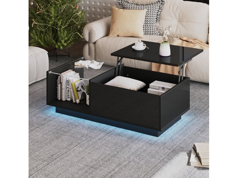 Table basse relevable led 100x50 cm noire brillante avec rangement - Conforama B