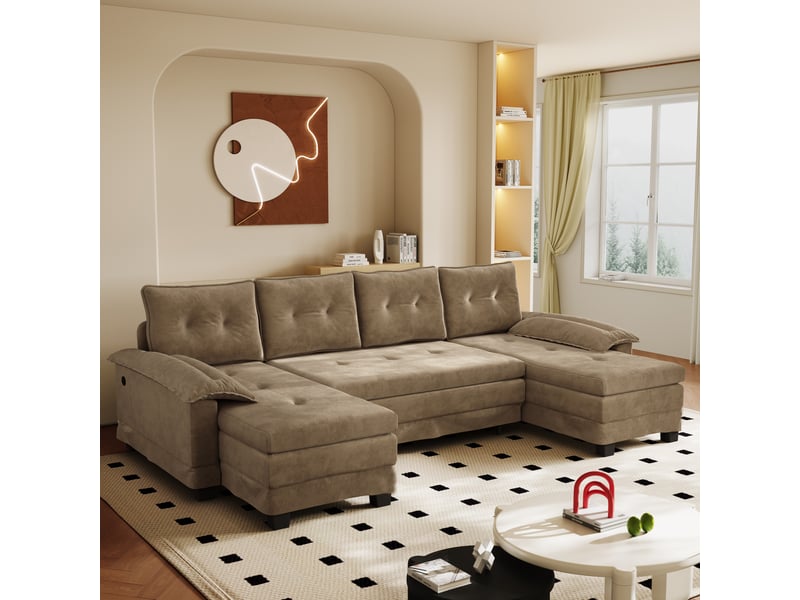  Canapé panoramique en u convertible 278 cm en tissu chenille kaki, lit gigogne, port... IKSETERA TRADING LTD - Conforama B