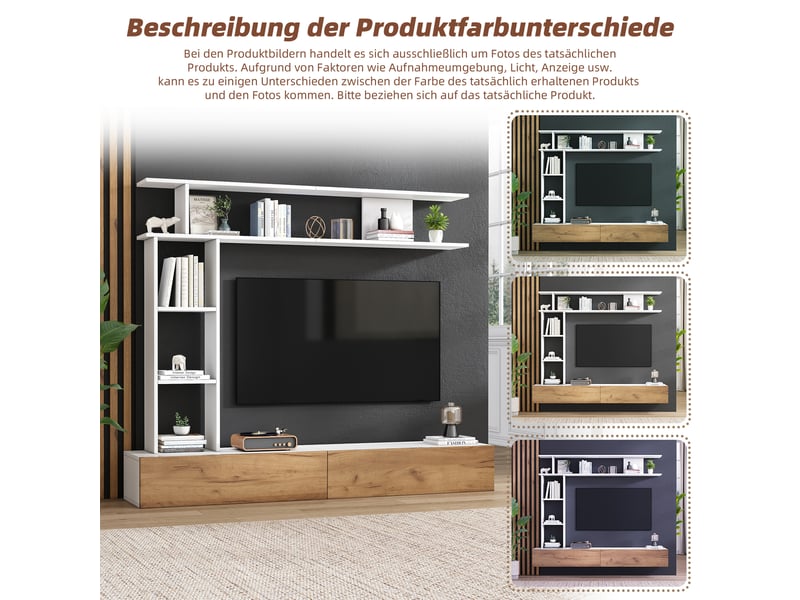  Ensemble meuble tv blanc et bois avec colonne murale, meuble tv 180 cm pour télévision jusqu'à 80 pouces, posé ou suspendu  - Conforama W