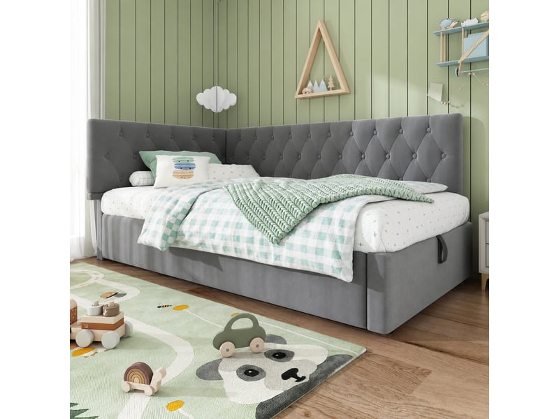  Lit banquette 90x200cm avec coffre et sommier relevable, velours, gris  - Conforama B