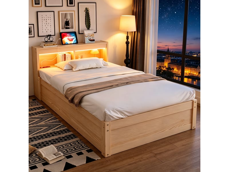  Canapé-lit 90x200 cm, lit enfant, couchage d'appoint, rangement hydraulique, led, bois, prise intégrée  - Conforama E
