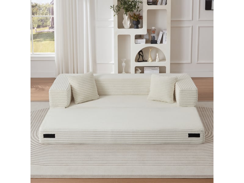 Canapé convertible 3 places 200x76x60 cm design carré velours côtelé blanc  - Conforama C