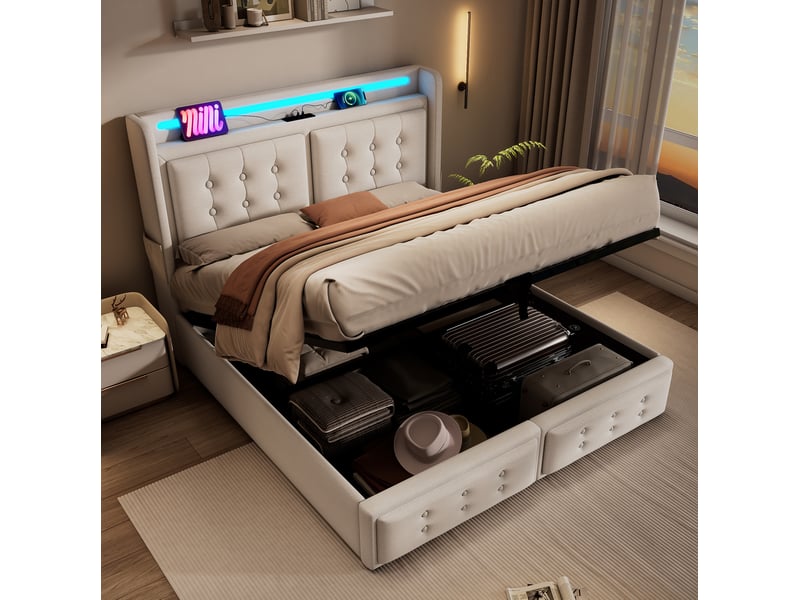  Lit double 160 x 200 cm beige avec matelas, led, rangement et ports usb-c  - Conforama D