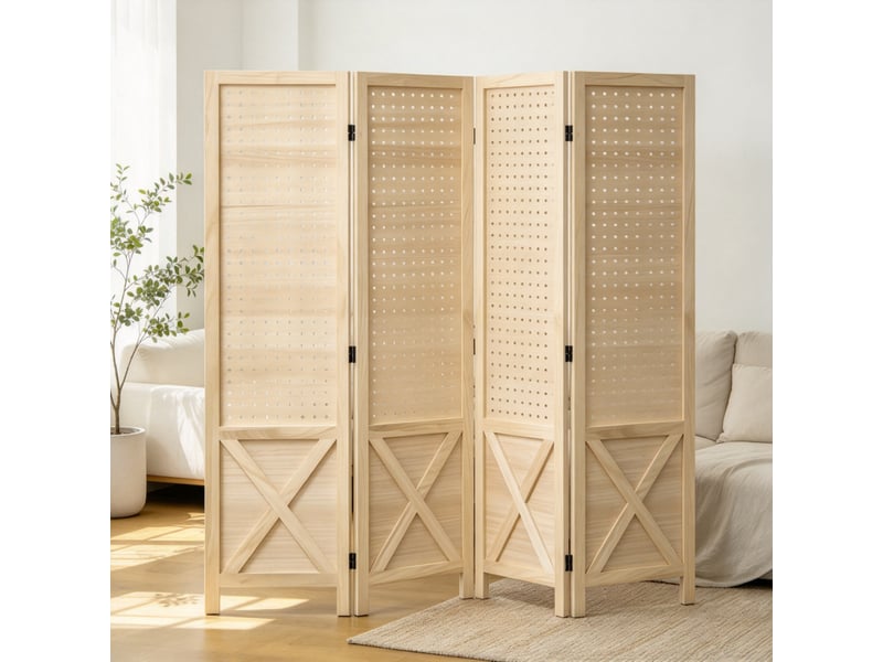  Paravent intérieur pliable 4 panneaux en bois, séparateur de pièce avec panneaux perforés, cloison décorative naturelle  - Conforama E