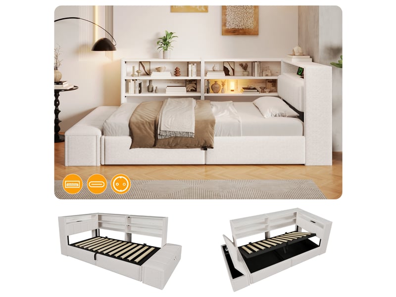  Canapé-lit coffre 90 x 200 cm - avec prise électrique - avec port usb - avec lumière led - tissu velours - blanc (matelas non inclus)  - Conforama E
