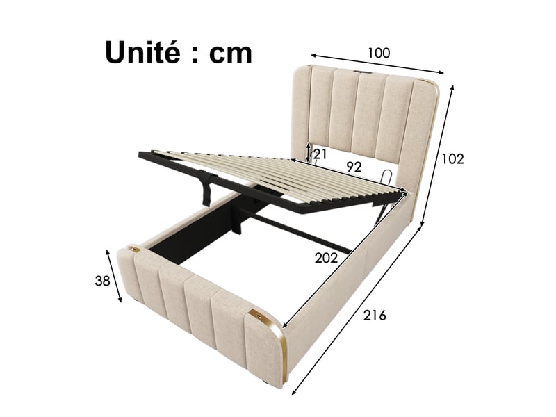  Lit simple 90x200 cm - lit avec led et tiroirs - lin - sans matelas - beige  - Conforama C