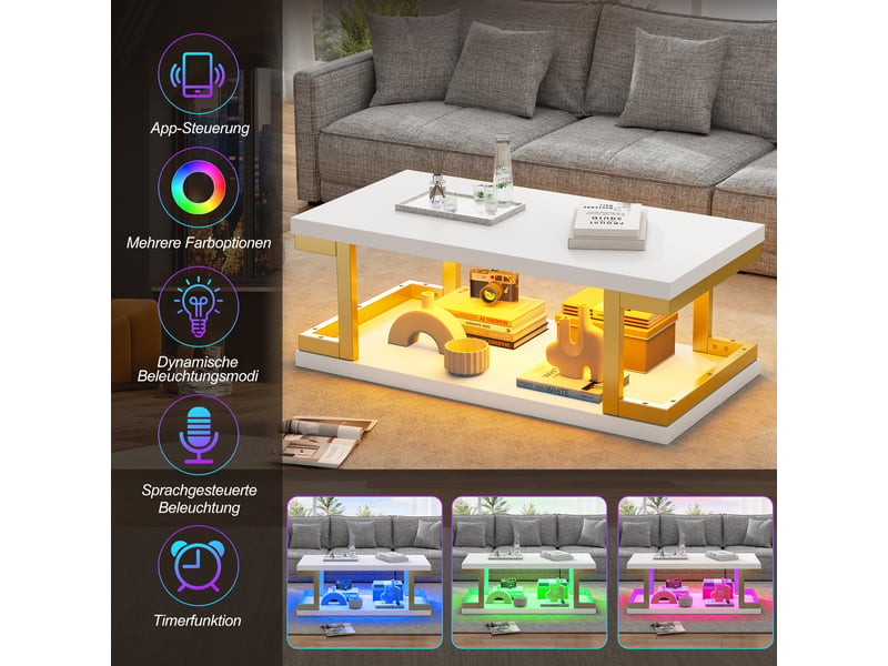  Table basse rectangulaire avec éclairage led, 100x50 cm, 2 niveaux de rangement, mdf et métal, blanc et or  - Conforama E