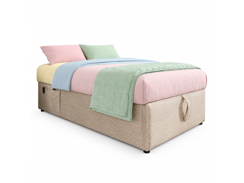  Lit coffre 90 x 200 cm sans tête de lit, avec usb-c et type-c, tissu beige + naturel  - Conforama A