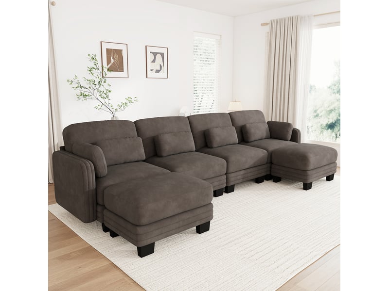 Canapé modulable en u tcqpz 4 places 330 x 143 x 88 cm avec 2 ottomans chenille marron - Conforama B