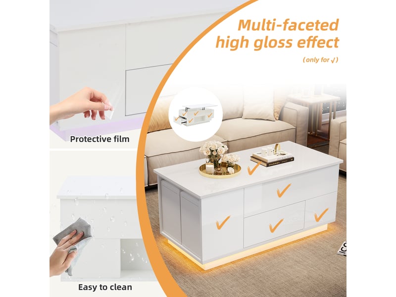  Table basse relevable avec 2 tiroirs, led et 2 tabourets pour salon, blanche en panneaux de particules 100×50×45 cm  - Conforama E