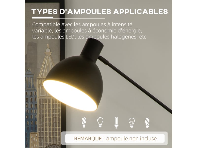  Lampadaire sur pied salon 40 w hauteur réglable, abat-jour et bras orientable, interrupteur à pied, noir, culot e27  - Conforama W