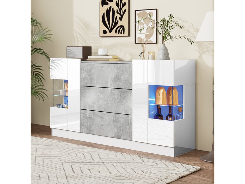 Buffet blanc laqué effet marbre gris 140x35x75 cm - 2 portes, 3 tiroirs, éclairage led - Conforama D