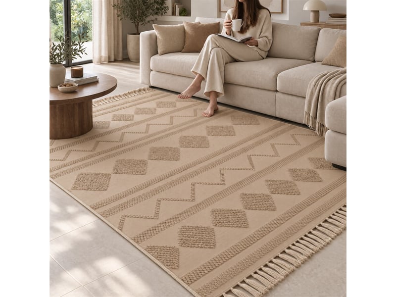  The white stone tapis berbère 160x230 cm beige | 100% coton, antidérapant et lavable à 30°c | motifs géométriques en relief style marocain pour salon et chambre  - Conforama C