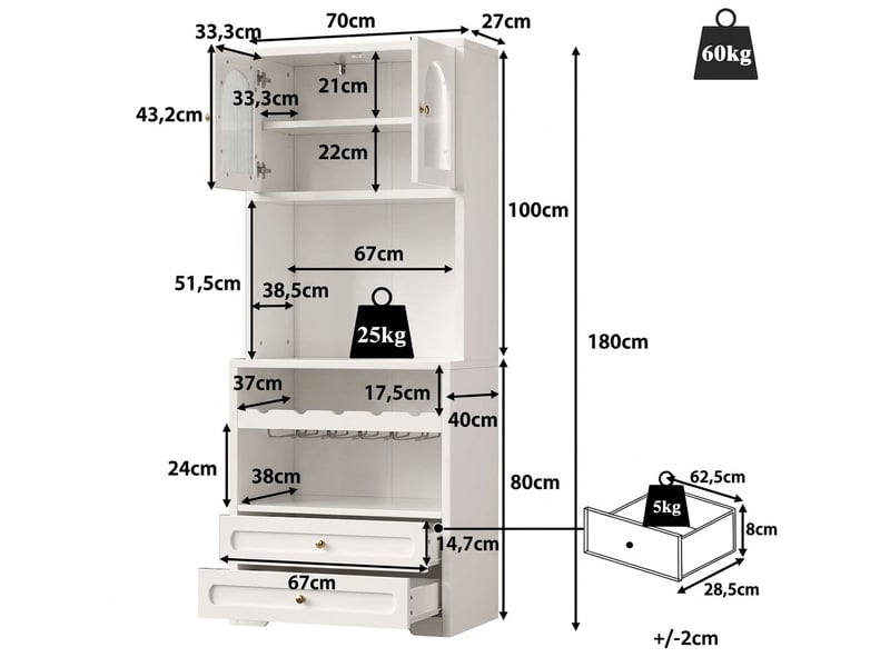 Vaisselier haut 180 cm avec vitrine en verre cintré et éclairage led intelligent connecté – meuble bar avec porte-bouteilles, étagères réglables et port usb pour salon et salle à manger – blanc  - Conforama C