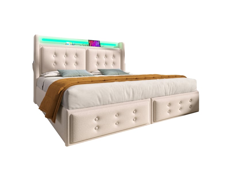  Lit coffre 160 × 200 cm 2 places avec 4 tiroirs, led multicolore, usb et type-c, matelas inclus, beige  - Conforama A