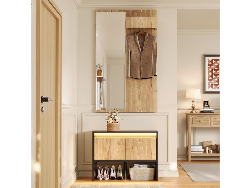  Ensemble vestiaire naturel, panneau de particules, 60 × 38 × 145 cm, 2 tiroirs et crochets intégrés, pour entrée et couloir  - Conforama C