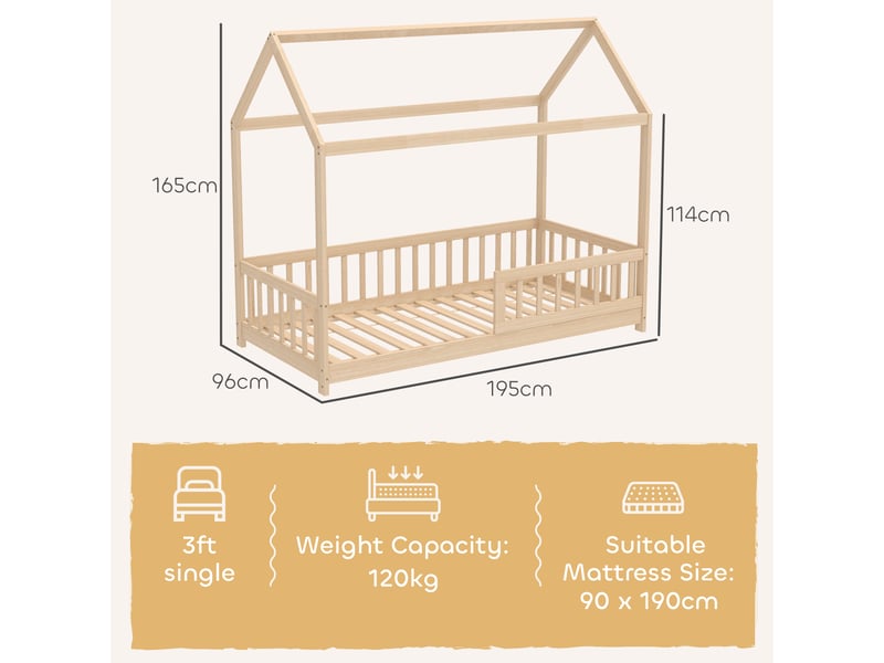  Lit cabane enfant en bois avec barrières de sécurité, pin naturel, 90x190 cm  - Conforama E