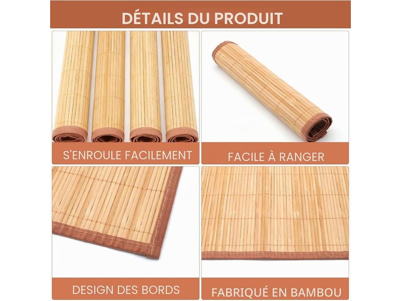 Set de table bambou – lot de 4 – résistant chaleur et lavable – enroulable – pour cuisine et salle à manger – 45x30 cm - Conforama C