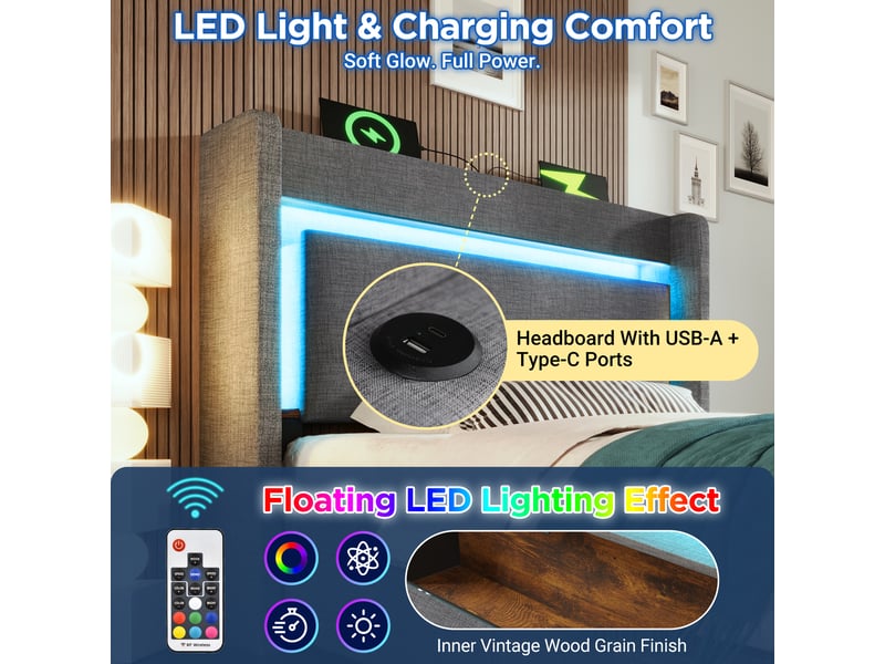  Lit coffre simple 90 x 200 cm, tête de lit avec rangements et ports usb-c, éclairage led intégré, lit rembourré, lin, gris Morn Vibe - Conforama E