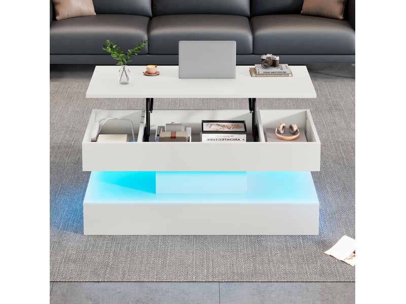  Table basse à plateau relevable 100 x 50 cm avec led, rangement et prises, blanche  - Conforama D