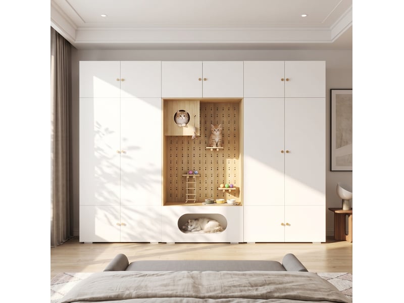  Ensemble de rangement 270x50x200 cm avec penderie et 11 compartiments en panneau de particules blanc et aspect bois  - Conforama E