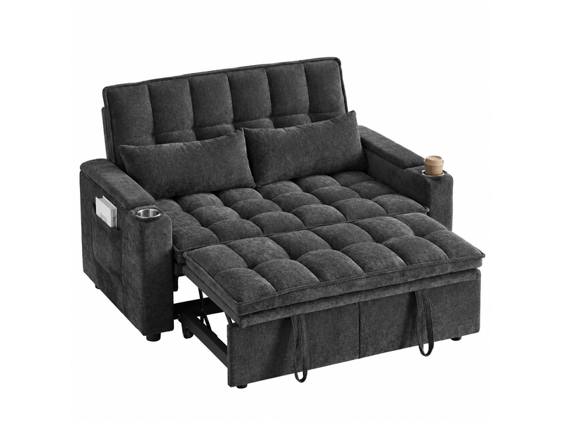 Canapé convertible 142x89x89 cm, canapé-lit 3 en 1, rangements, 2 porte-gobelets, 2 coussins, chenille, noir CozyNest - Conforama A