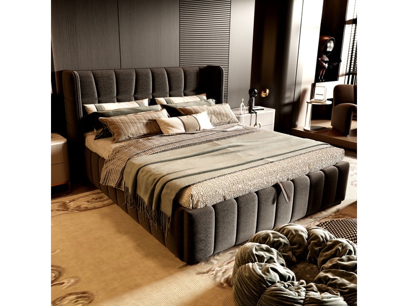  Lit coffre 180x200 cm - lit double 180x200 - cadre de lit encastrable avec tête de lit à oreilles et sommier relevable - lin - anthracite  - Conforama E