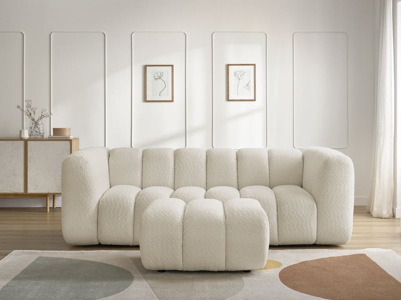  Bobochic canapé droit fixe 3 places talia tissu bouclette avec pouf beige TALIA - Conforama D