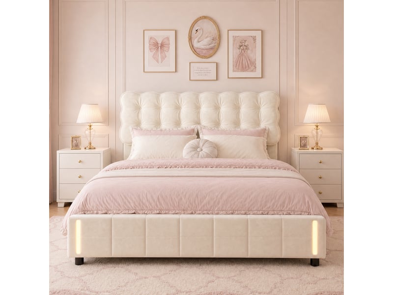  Lit rembourré 140 x 200 cm avec éclairage led, lit double à réglage hydraulique avec sommier à lattes et espace de rangement, velours, beige 240401HXF0102#ADRoxHWfErDELLM - Conforama C