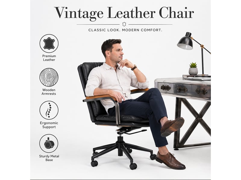 Chaise de bureau en cuir noir ergonomique réglable en hauteur avec accoudoirs en chêne et roulettes  - Conforama E