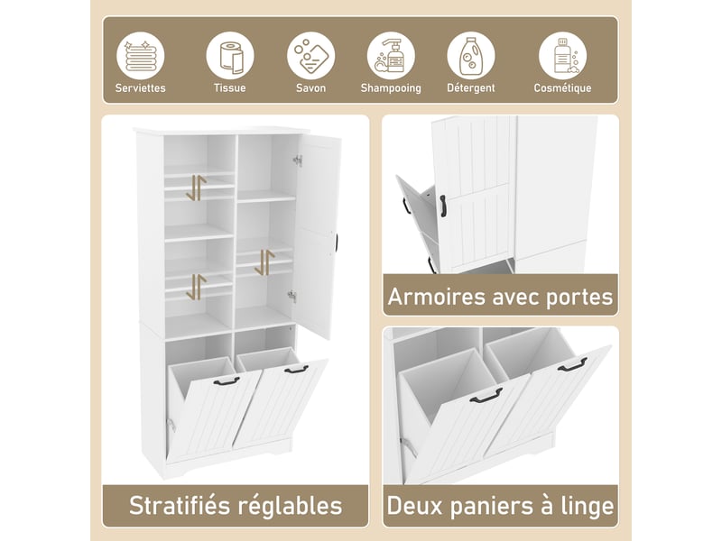 Armoire de salle de bain 78 x 35 x 172,7 cm,blanc,panneau mdf laqué,double panier à linge,étagères réglables - Conforama D