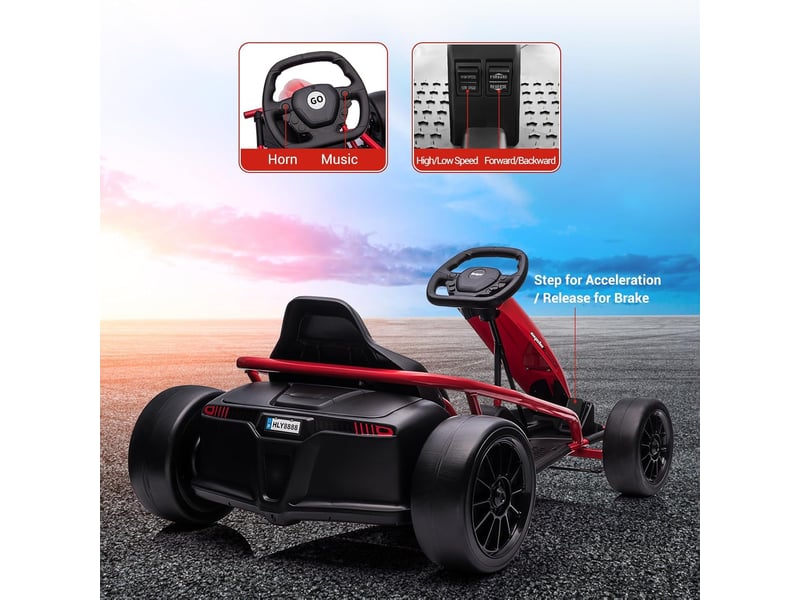  Kart électrique pour enfant 24 v, mode dérive, 2x300 w, siège réglable, mp3, 70 kg – rouge PTO_0YXZLG79 - Conforama E