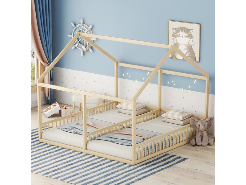  Lit cabane double enfant avec 2 couchages 90 x 200 cm côte à côte et barrières, pin et mdf, naturel Fay Lum - Conforama B