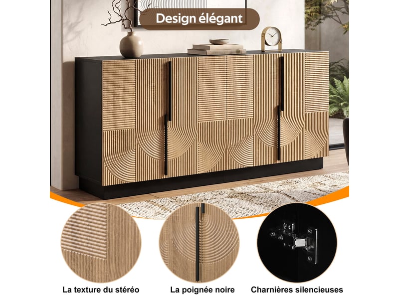 Buffet bas 160x42x76 cm, bahut enfilade salon, meuble de rangement 4 portes, façade en relief, poignées en métal - naturel et noir - Conforama D